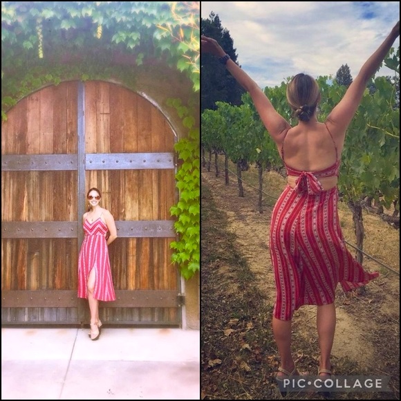 Lulu’s Rust Red Stripe Print Tie Back Side Slit Midi Dress - Picture 7 of 16